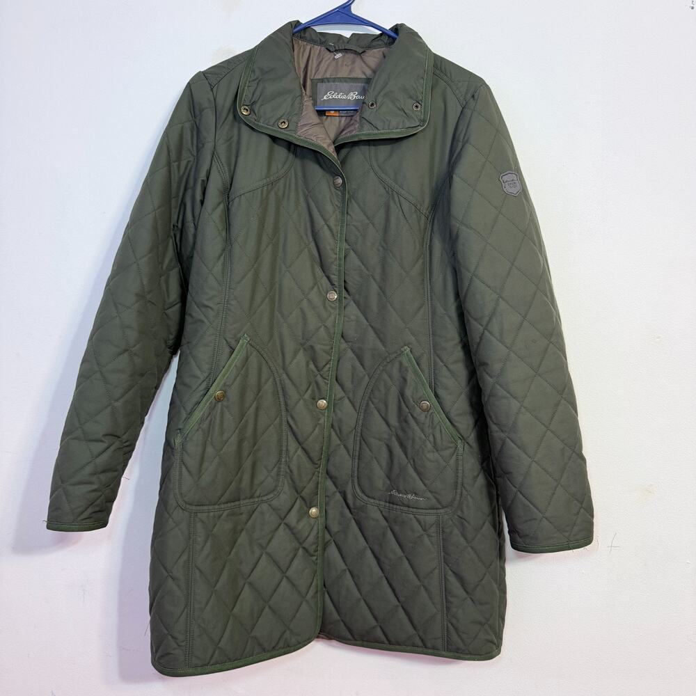 Eddie Bauer Women's small hunter green long quilted puffer minimal jacket coat